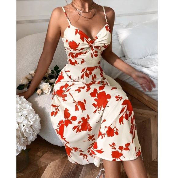 Flower embroidery zip-up self tie cami maxi dress